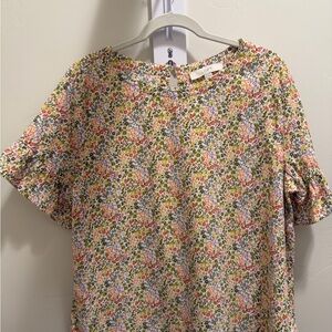 LOFT Pink Multi Floral Short Sleeve Blouse